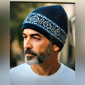 Kootemay Mens 100% Wool Knit Beanie Fair Isle Black, Blue, White